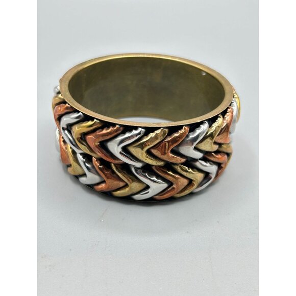 Mixed Metal Brass Copper Silver Tone Chevron Design Chunky Wide Bangle Bracelet - Picture 2 of 11
